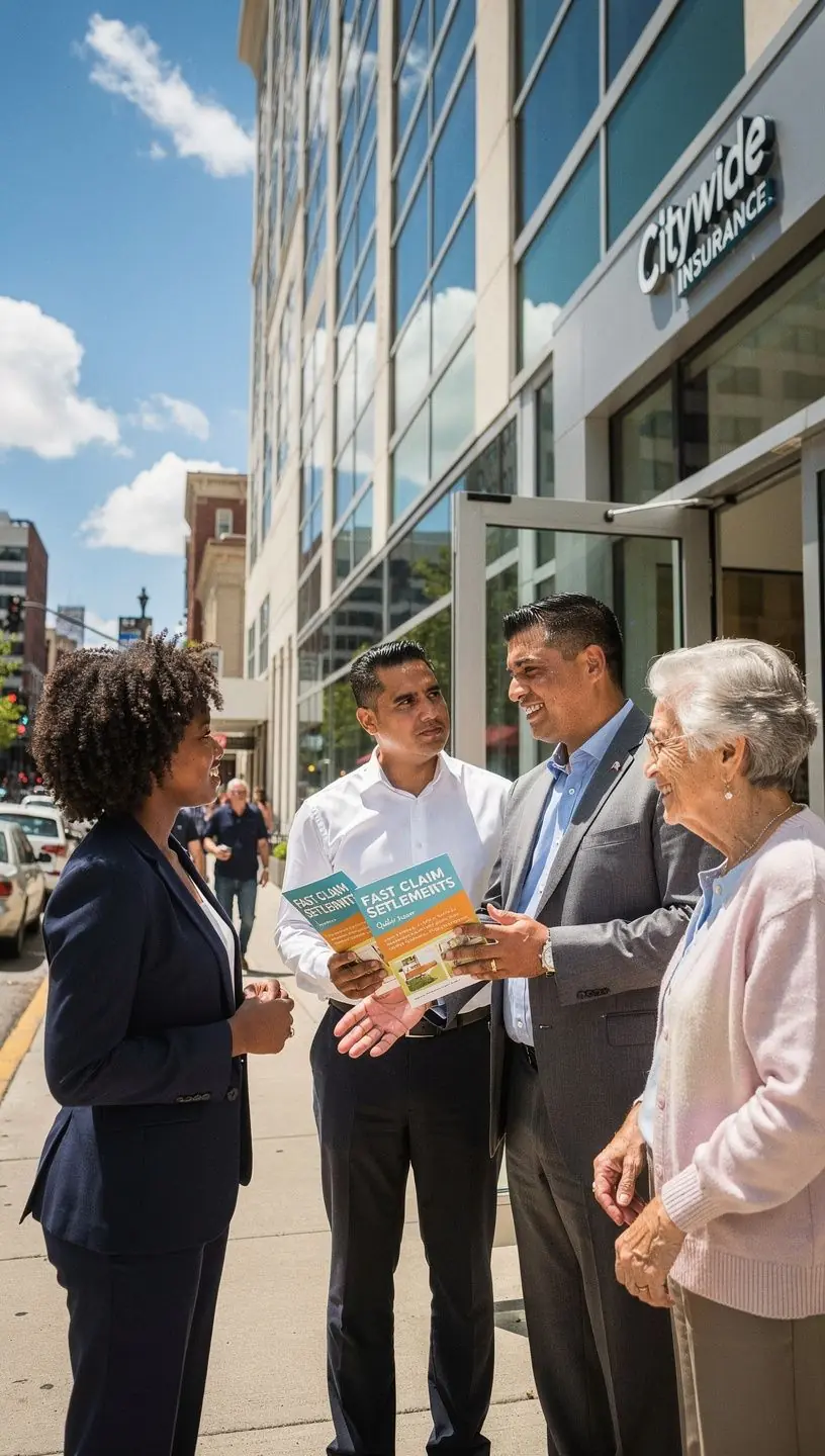 Ubezpieczenie pojazdu z profesjonalną obsługą klienta, przedstawiające zadowolone osoby w biurze.