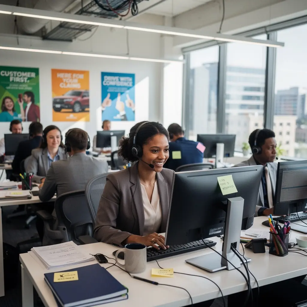Ujęcie przedstawiające profesjonalnego agenta ubezpieczeniowego pomagającego klientowi w wypełnieniu formularza roszczenia.