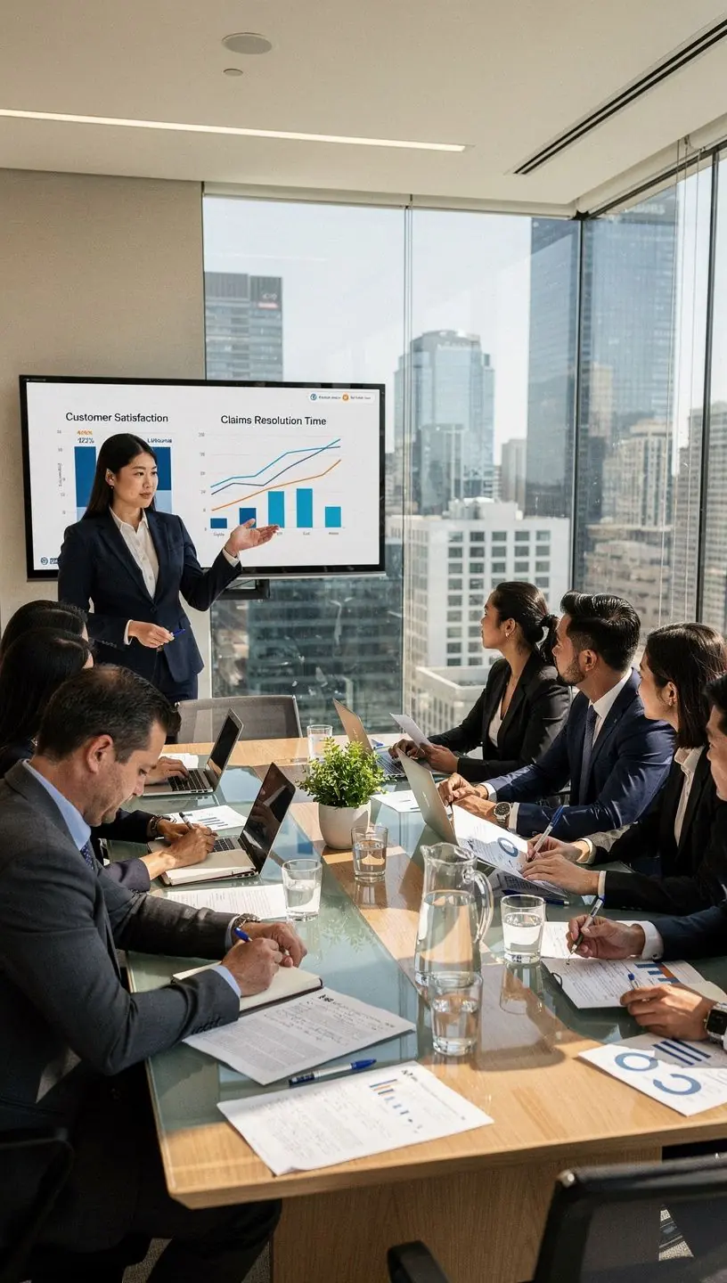 Zdjęcie przedstawiające uśmiechniętego doradcę klienta w biurze ubezpieczeniowym, oferującego pomoc w sprawach związanych z ubezpieczeniem pojazdów.