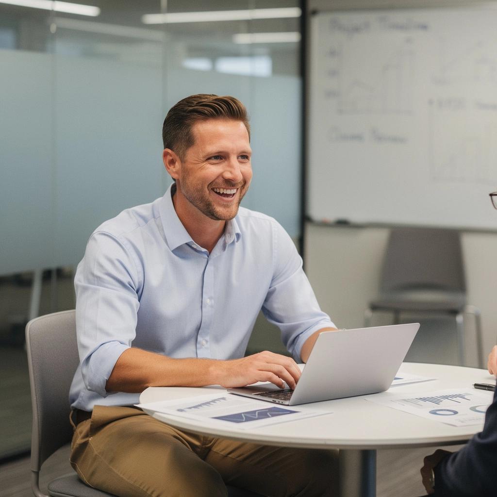 Zadowolony klient rozmawia z doradcą ubezpieczeniowym